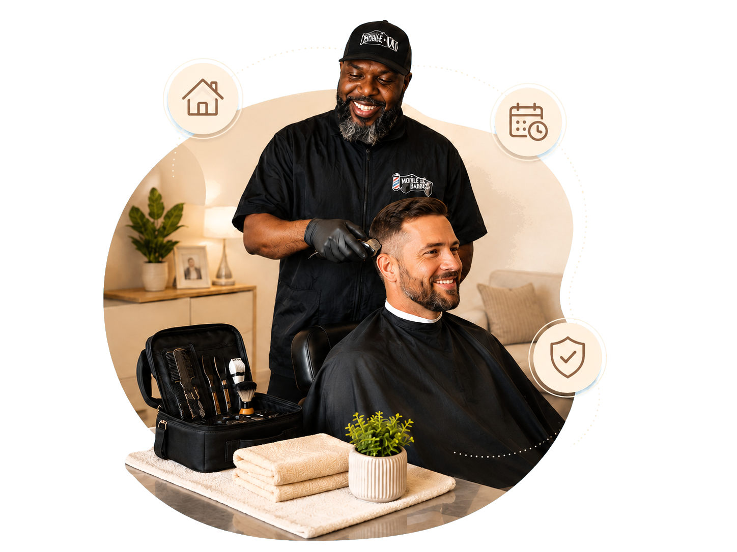 House call barber giving a professional in-home haircut to a client in Virginia Beach